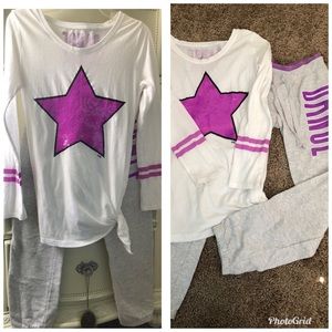 Gray pants and white blouse